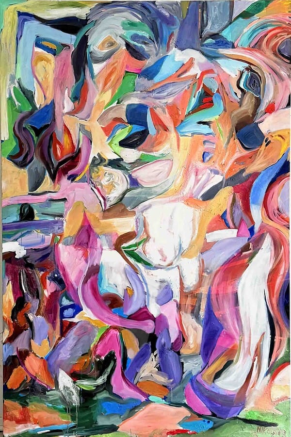 Farbenfrohe abstrakte Malerei mit dynamischen Linien und expressive Gesichter, geschaffen von Nikolaus Kriese, ideal für zeitgenössische Kunstliebhaber und Auftragsmalerei.