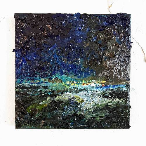 Farbenfrohes abstraktes Ölgemälde, nächtliche Szenerie mit dramatischem Himmel und glitzerndem Wasser, ausdrucksstarkes Kunstwerk in impasto Technik, ideal für Kunstdrucke und einzigartige Raumdekorationen.
