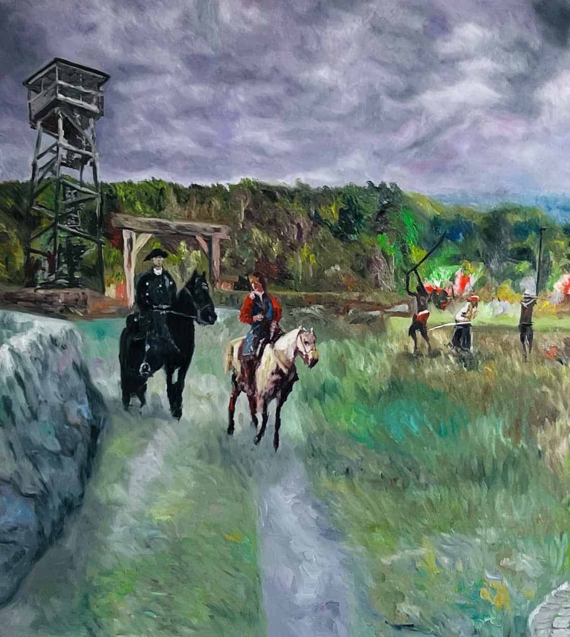 Ritter auf Pferden erkunden eine ländliche Szene mit modernen Stilelementen und dunklen Wolken am Himmel.