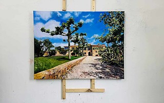 Hochwertiges Ölgemälde eines sonnigen mediterranen Anwesens mit Bäumen, blauen Himmel und lebendigen Farben, ideal für Kunstliebhaber und Interieurdekoration.