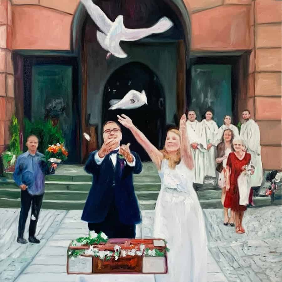 Malerei einer Hochzeit vor einer Kirche mit Braut, Bräutigam und Gästen, die Tauben fliegen lassen, in lebendigen Farben und detailreicher Darstellung.