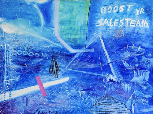 Black Swan Sales Team – an abstract painting about the economy and uncertainty, oil on canvas, 120x160 cm