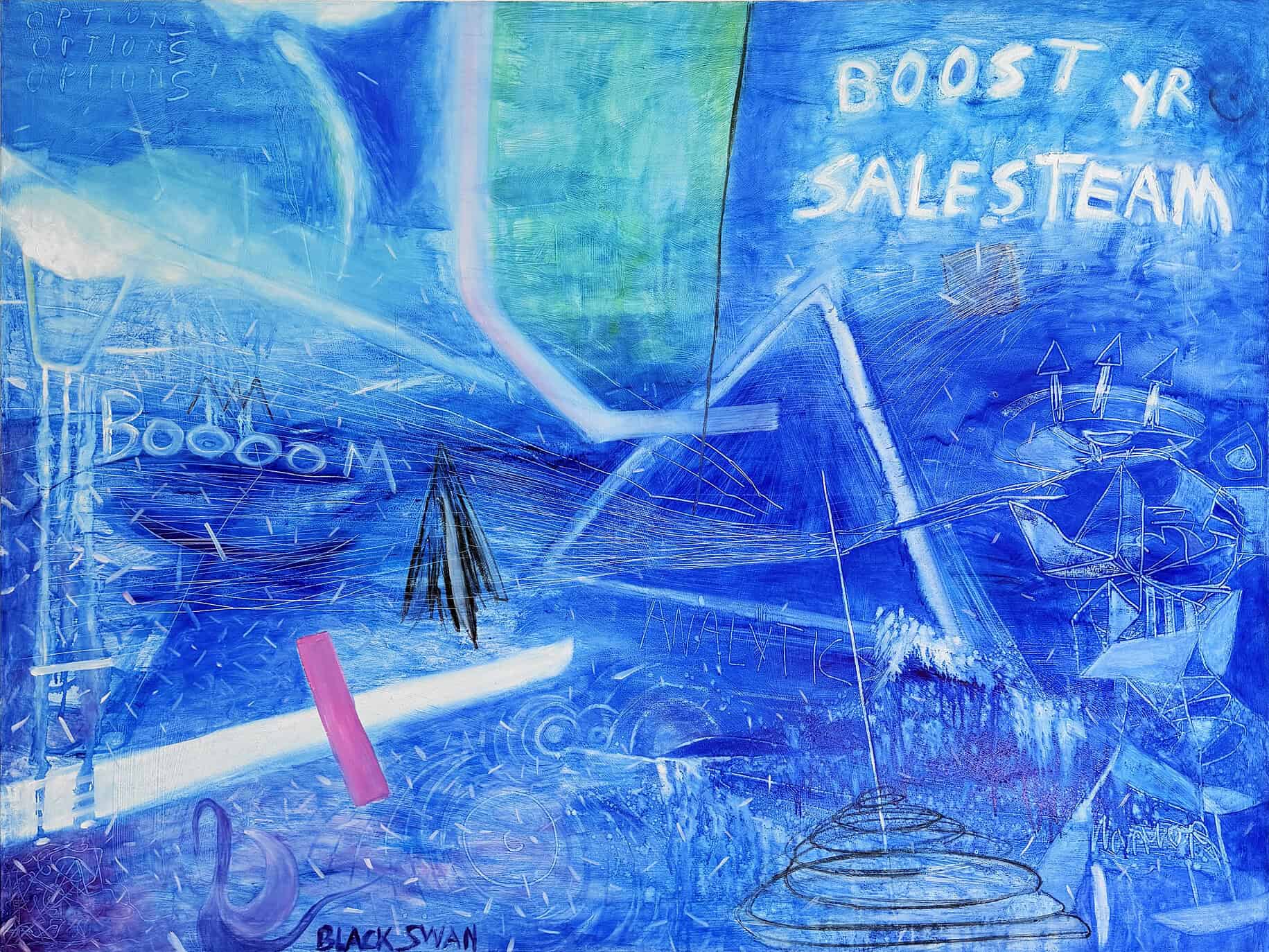 Black Swan Sales Team – abstraktes Gemälde über Wirtschaft und Unsicherheit, Öl auf Leinwand, 120x160 cm