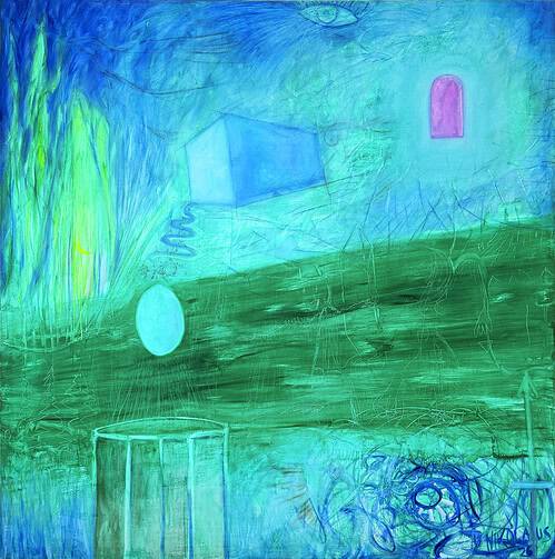 The Portal – an abstract painting about transformation and metaphysical spaces, oil on canvas, 200x200 cm