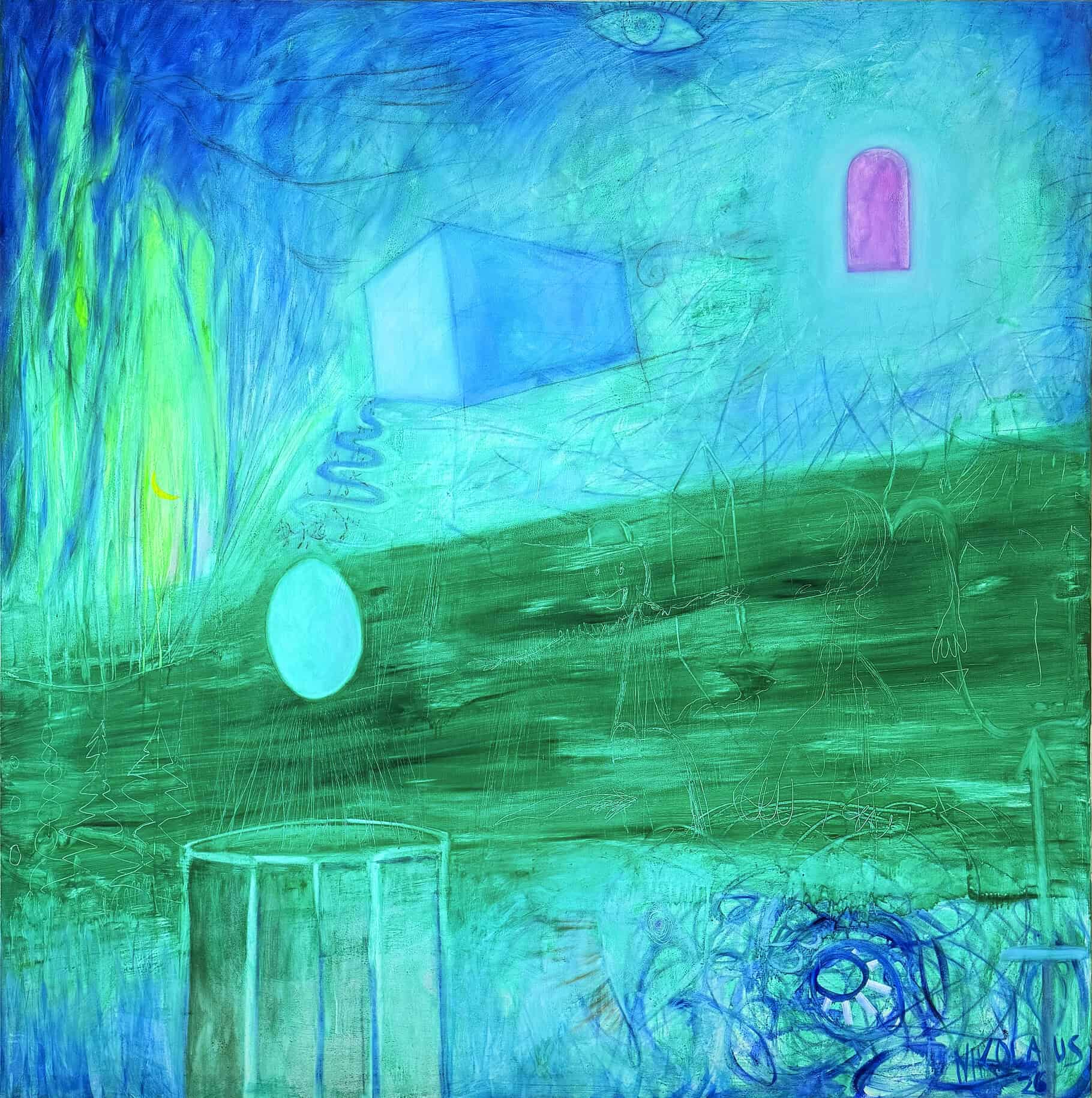Das Portal – abstraktes Gemälde über Transformation und metaphysische Räume, Öl auf Leinwand, 200x200 cm