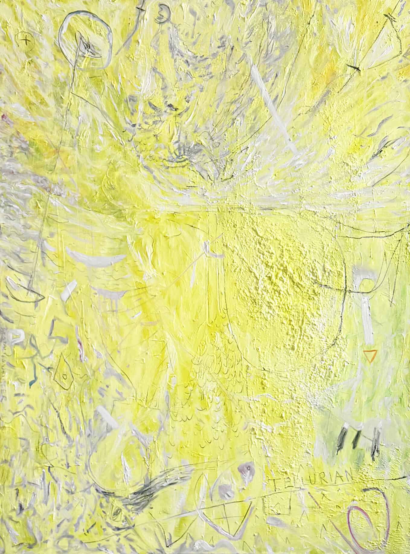 Abstraktes Gemälde eines Engels in leuchtendem Gelb, mit dynamischen Linien und Texturen, geschaffen mit Öl auf Leinwand, Maße 120 × 160 cm.