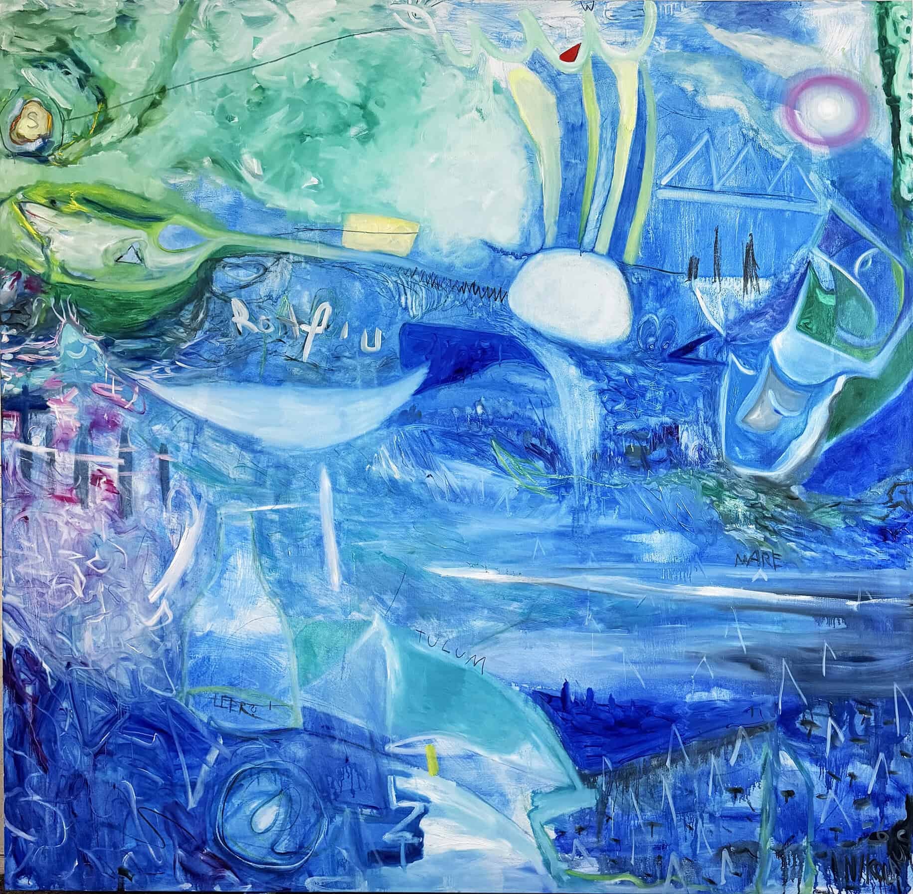 Ein farbenfrohes abstraktes Gemälde in Blau- und Grüntönen, das mit lebendigen Pinselstrichen und Formen eine energetische Atmosphäre schafft.