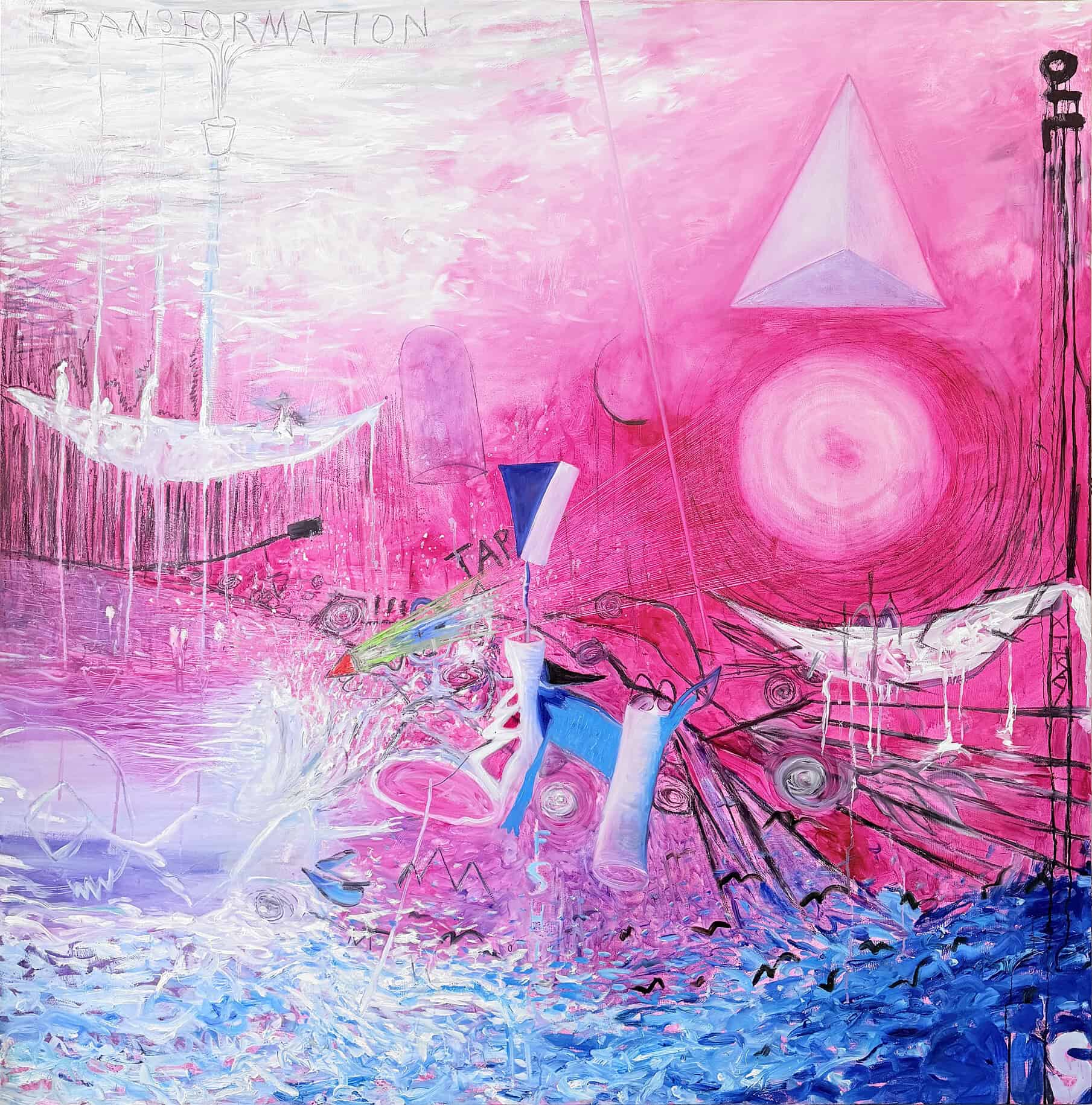 Die Quelle – abstraktes Gemälde über Ursprung und Transformation, Öl auf Leinwand, 170x170 cm