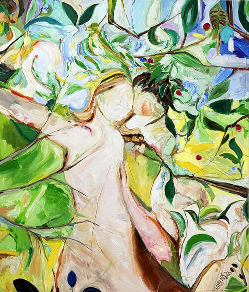 The artwork "Verzweigung" features an abstract depiction of a tree with branching limbs and vibrant colors, inspired by nature and growth.