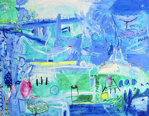 Abstrakte Malerei mit lebendigen Blau- und Grüntönen, die eine sommerliche Wasserlandschaft mit Booten, Wasser, Himmel und Natur darstellen.