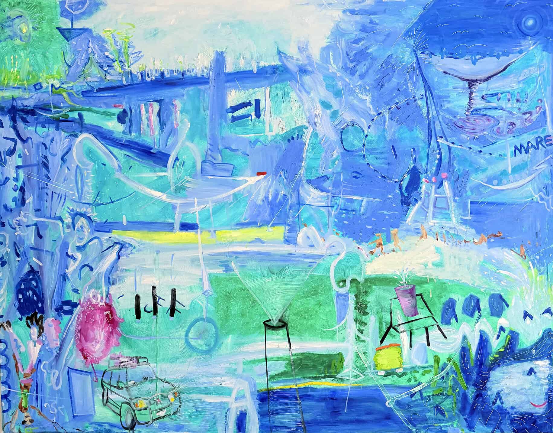 Abstrakte Malerei mit lebendigen Blau- und Grüntönen, die eine sommerliche Wasserlandschaft mit Booten, Wasser, Himmel und Natur darstellen.