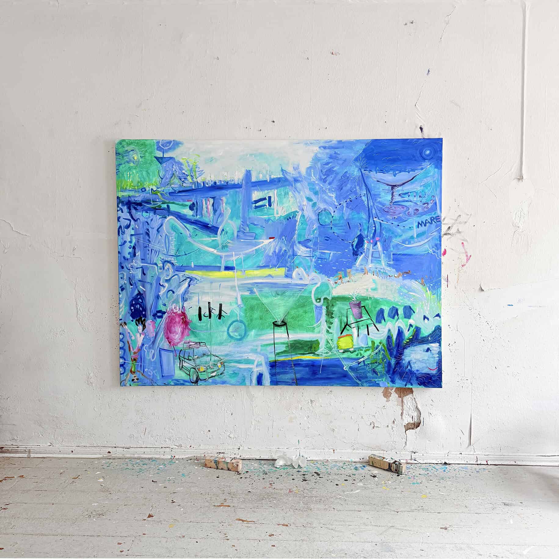 An abstract painting in shades of blue and green that depicts a seascape with dynamic brushstrokes and vibrant swaths of color.