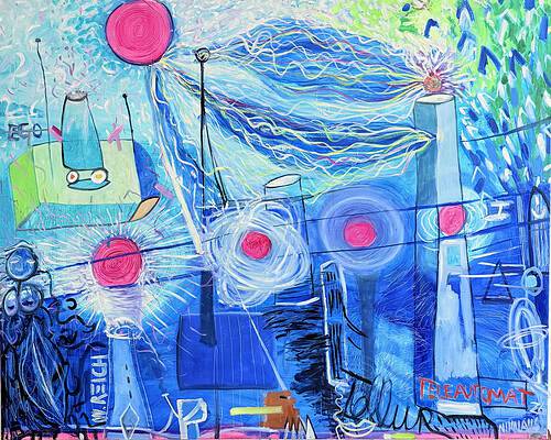 Abstrakte Malerei mit Tesla-Motiv, leuchtende Farben und dynamische Linien, inspiriert von moderner Technologie und Innovation.
