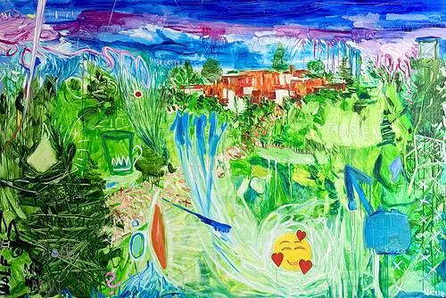 Farbenfrohes Gemälde mit Landschaft, Himmel und abstrakten Elementen, inspiriert von Hill Top House, Öl auf Leinwand, 200 x 300 cm.