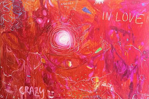 Abstract painting featuring vibrant colors and dynamic lines, inspired by love and emotions, on a large canvas.
